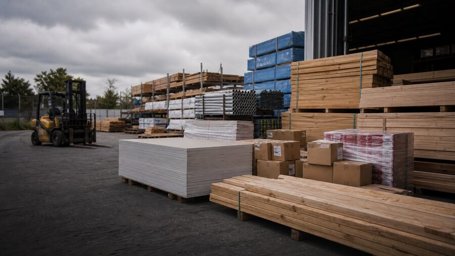 Timber and materials in a supply yard