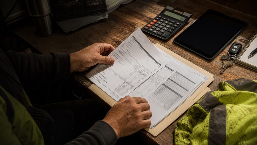 Hands reviewing paperwork with a calculator