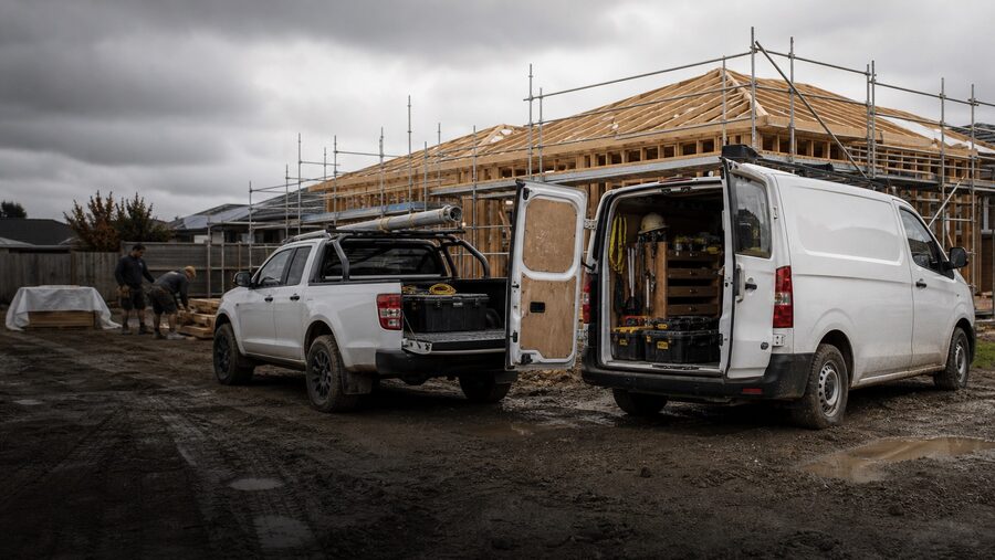 Work vehicles at a build site